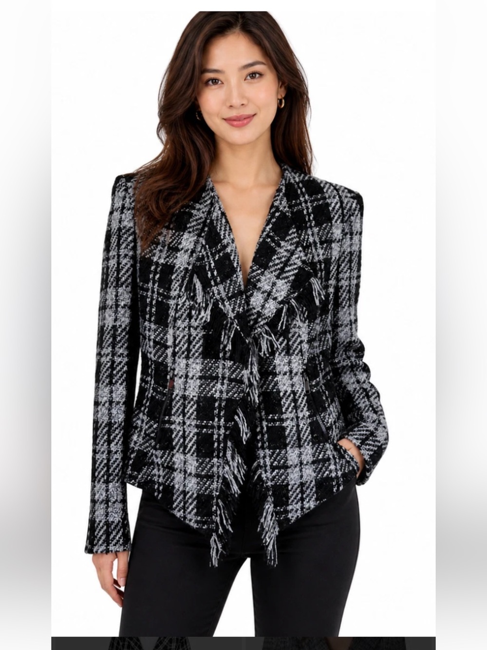Tahari Black & White Tweed Fringe Blazer